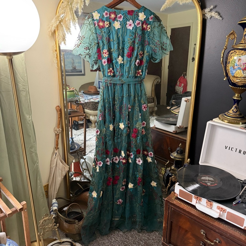 Fehrnvi Green and Teal Floral Embroidered Tulle Faux Wrap Maxi Dress - Picture 8 of 9